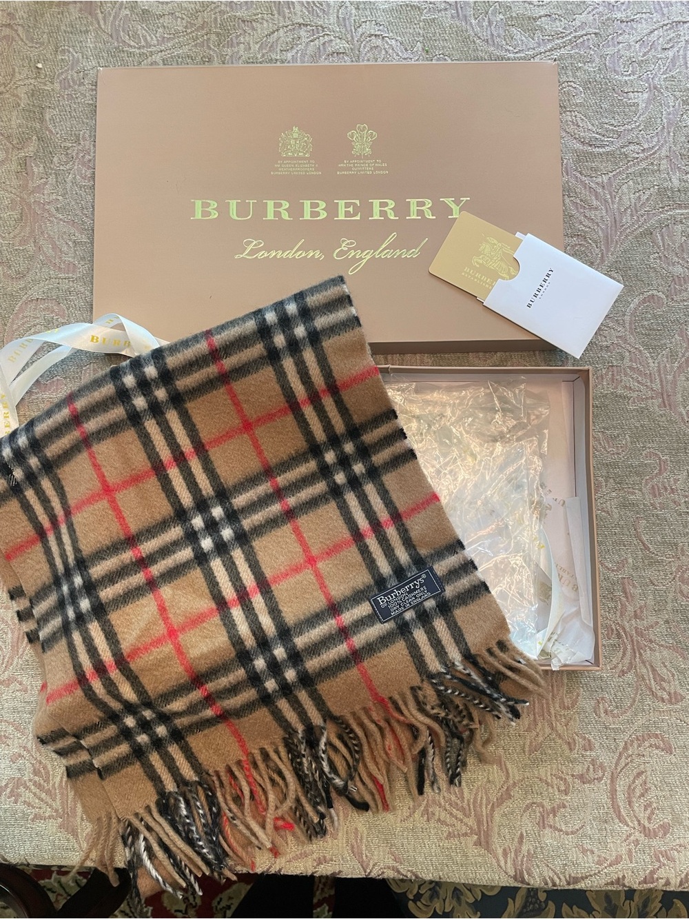 Burberry Beige Vintage Check Cashmere Scarf with Red Accent